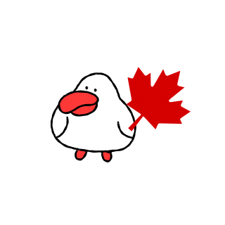 A minimalist white bird character holding a bright red maple leaf, representing about caduck news